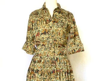 Vintage 1950s Haystack Clothes Egyptian Print Cotton Dress