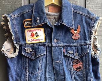 Vintage 1980s Levi's Blue Denim Jean Jacket Vest with Corvette and 4 Harley-Davidson Patches