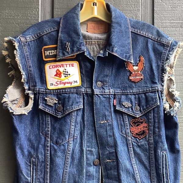 Vintage 1980s Levi's Blue Denim Jean Jacket Vest with Corvette and 4 Harley-Davidson Patches