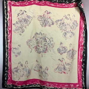 Vintage 1950s Rayon-Silk Scarf with Dancing Ladies