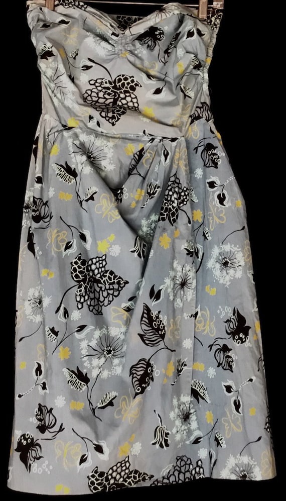 Vintage 1950s Gray, Black, Yellow Floral Sundress