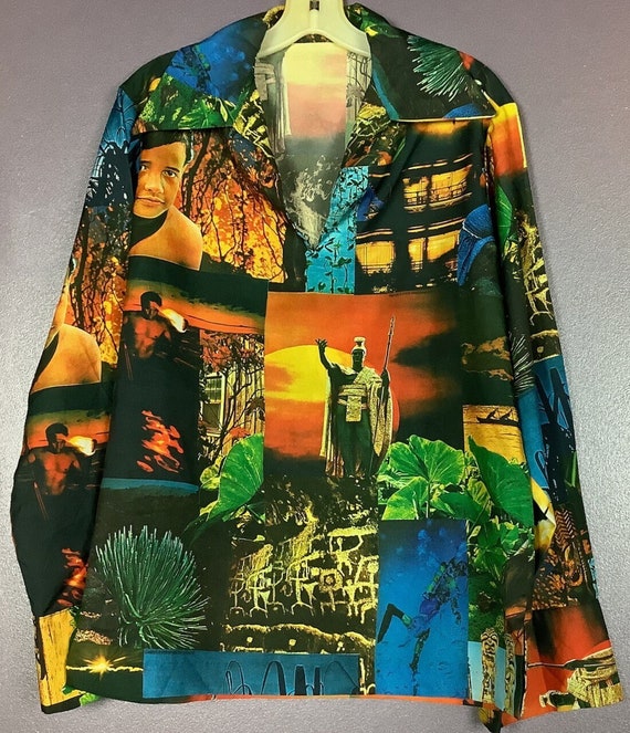 Vintage 1970s Hawaiian Photo Print Disco Shirt - image 1