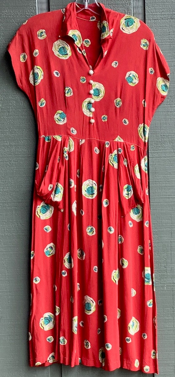 Vintage 1940s Red Rayon Dress with Colorful Flowe… - image 2