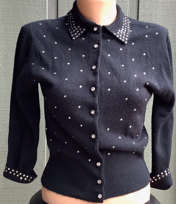 Vintage 1950s Black Schiaparelli Rhinestone Sweate