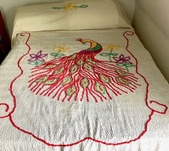 Vintage 1940s Peacock Design Chenille Bedspread - Etsy Canada