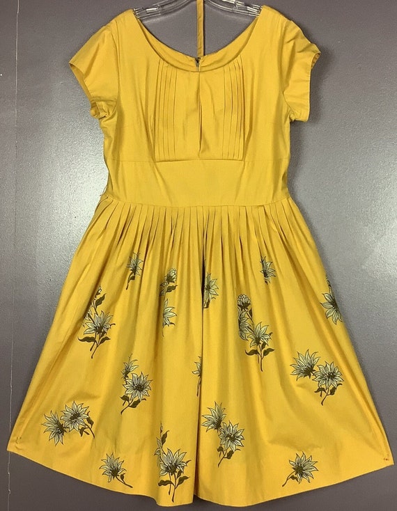Vintage 1950s Gold Dress with Floral Print Skirt - image 1