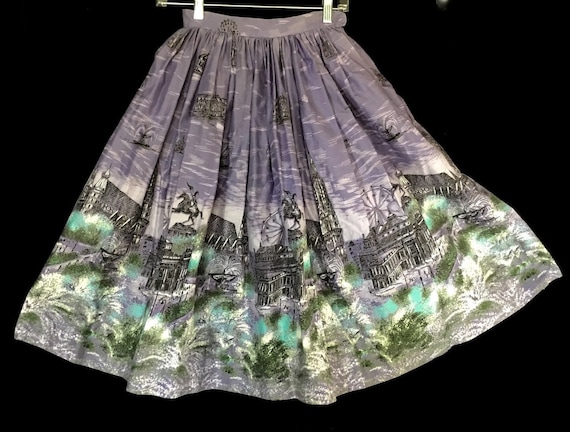 Vintage 1950s Border Print of Old London Skirt - image 1