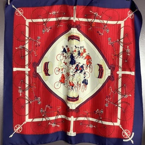 Vintage 1970s Hermes Les Becanes Red- White and Blue Silk Scarf