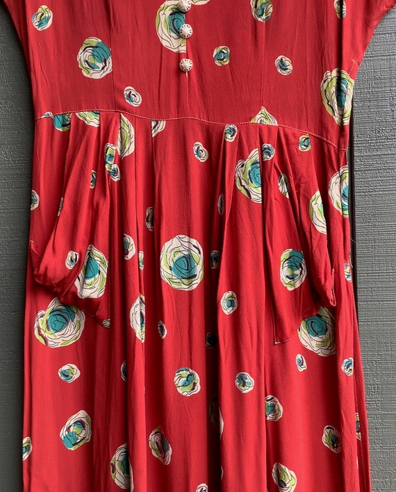 Vintage 1940s Red Rayon Dress with Colorful Flowe… - image 4