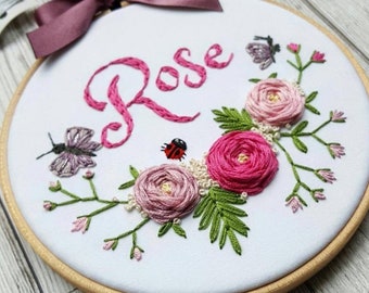 Personalized Baby Name Embroidery Hoop Art: Floral Nursery Decor