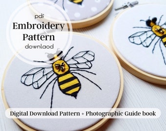 Hand Embroidery PDF DOWNLOAD, Bee hand Embroidery Kit, bee gift, embroidery hoop, mindful activity gift, hand embroidery