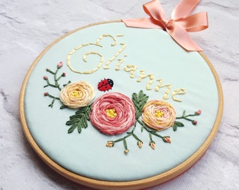 Personalized Floral Embroidery Hoop Art: Baby Keepsake Nursery Decor