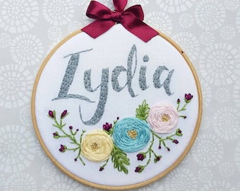 Hand Embroidered Floral Nursery Hoop Art: Personalized Baby Keepsake