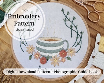 Tea embroidery, Tea Embroidery PDF, hand embroidery pdf, cuppa tea embroidery, digital pdf, floral embroidery pattern, pattern download