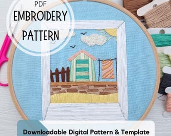 Beach Hut Embroidery Pattern: Summer Seascape DIY (PDF Download)