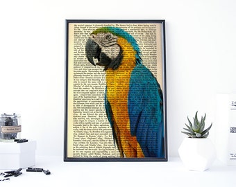 Tropical Parrot Wall Art, Parrot Art, Parrot Print, Dictionary Art Print, Vintage Parrot Head Printable, Macaw Print, Jungle Wall Art