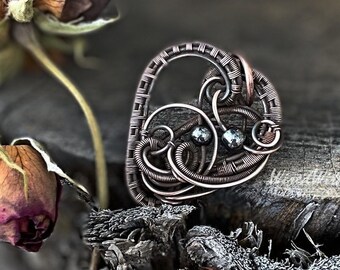 Oxidized Copper Heart Pendant, Wire Wrapped Hematite Gemstone