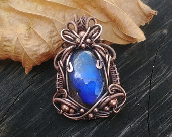 Wire wrapped jewelry, copper wire blue Labradorite pendant, patinated copper pendant, wire art pendant "Royal Blue", Birthday gift idea