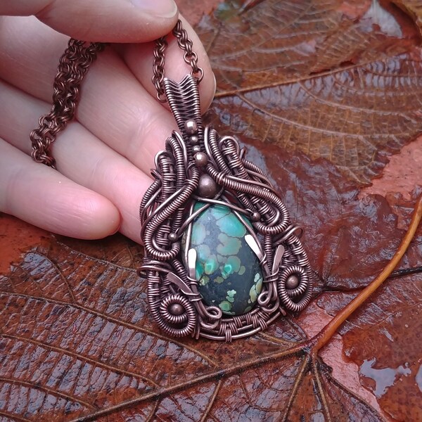 Tibetan Turquoise pendant. Copper wire wrapped pendant “Autumn Patchwork”. Victorian wire wrapped jewelry. Metal wire art.