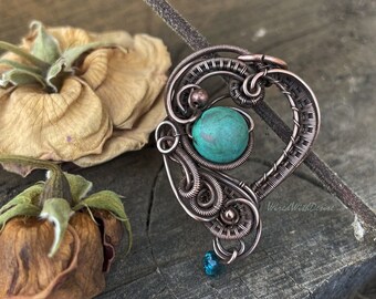 Chrysocolla Heart Pendant, Oxidized Copper Wire Wrapped Necklace