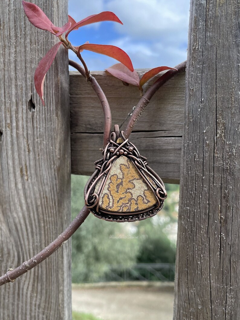 Copper Wire Wrapped Pendant With Shajara Psilomelane Dendrite, Fall