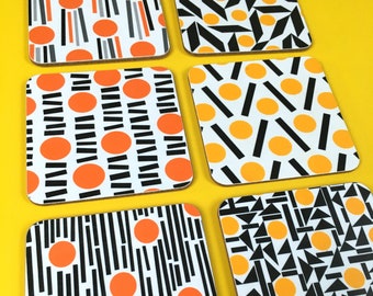 Coaster set of 2, yellow coaster, orange coaster, cork coasters uk, retro coasters, housewarming gift, midcentury coaster set