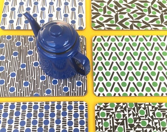 4 placemats, groene kurk placemats, blauwe placemat, 6 placemats, melamine placemats, retro placemats UK, midcentury moderne placemats