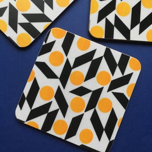 Yellow coaster, drinks coaster, housewarming gift, midcentury coaster set, mid century coasters, melamine coaster uk, cork coasters uk