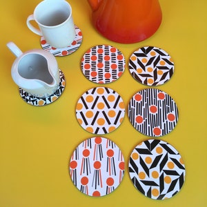 Kork Untersetzer, 6 Untersetzer Set, orange Untersetzer, gelbe Untersetzer, runde Untersetzer, gelbe Untersetzer, Einweihungsgeschenk, Midcentury Untersetzer Set