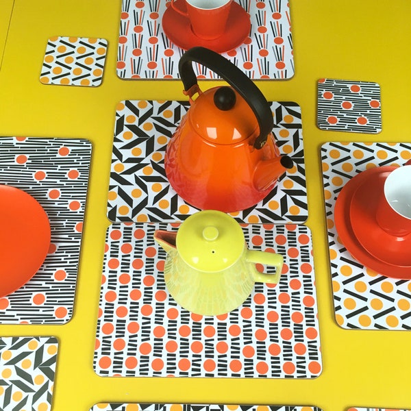 Set of 6 placemats, 6 tablemats, melamine placemats, retro placemats uk, midcentury modern tableware, orange cork placemats, yellow placemat