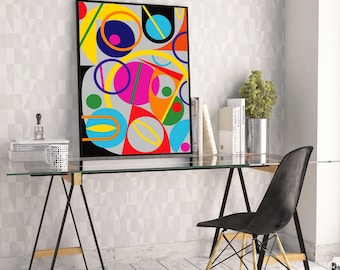 May include: A colorful abstract geometric print in a black frame hangs above a glass-top desk with a black chair. The print features circles, squares, and triangles in shades of red, yellow, blue, green, and orange.