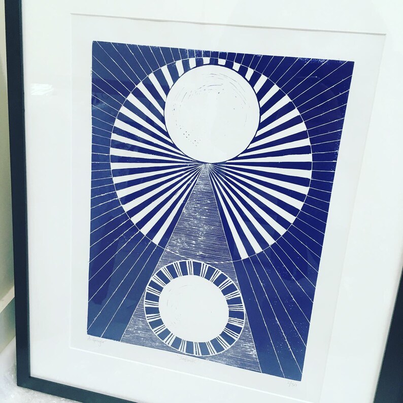 A3 linocut print, blue linoprint, living room wall art, original print, wall art print, celestial art, geometric art, abstract art image 3