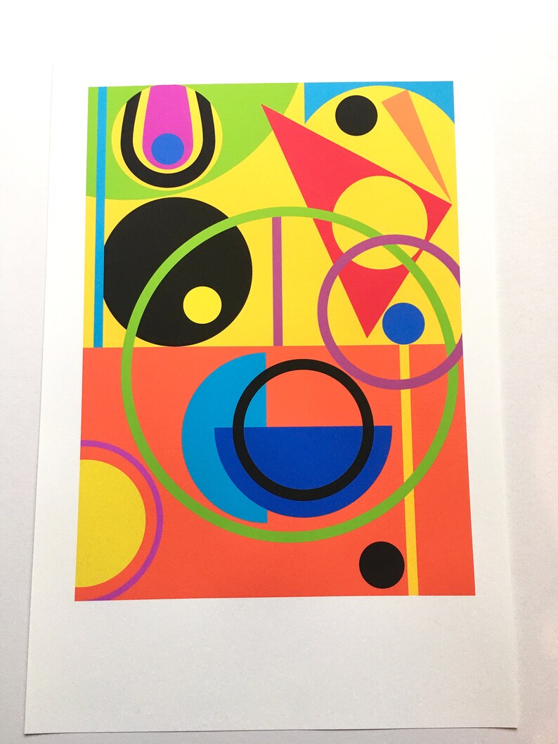 May include: Abstract geometric art print featuring a colorful composition of circles, squares, and triangles in shades of red, yellow, green, blue, black, and purple.