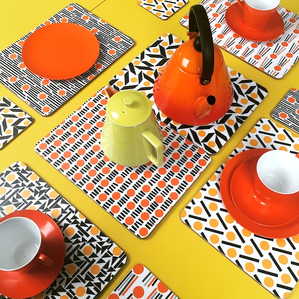 Set of 10 placemats, 10 tablemats, melamine placemats, rectangular placemats uk, placemats uk, cork placemats, orange placemats