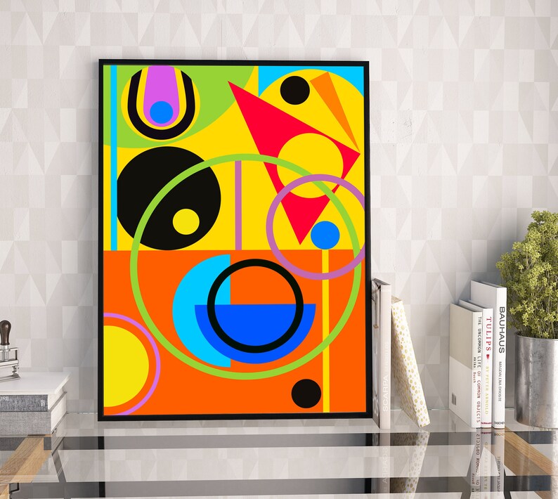 May include: Abstract geometric art print with a yellow, orange, red, green, blue, black, and purple color scheme. The print features circles, squares, and triangles.