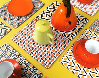 Kurk placemats | Retro placemats, moderne placemats uit het midden van de eeuw | 8 placemats uk, oranje placemat, melamine placemats | kurken placemat