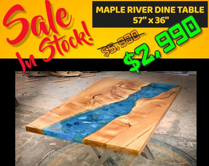 Live Edge Big Leaf Maple river table with blue resin 57"x35"