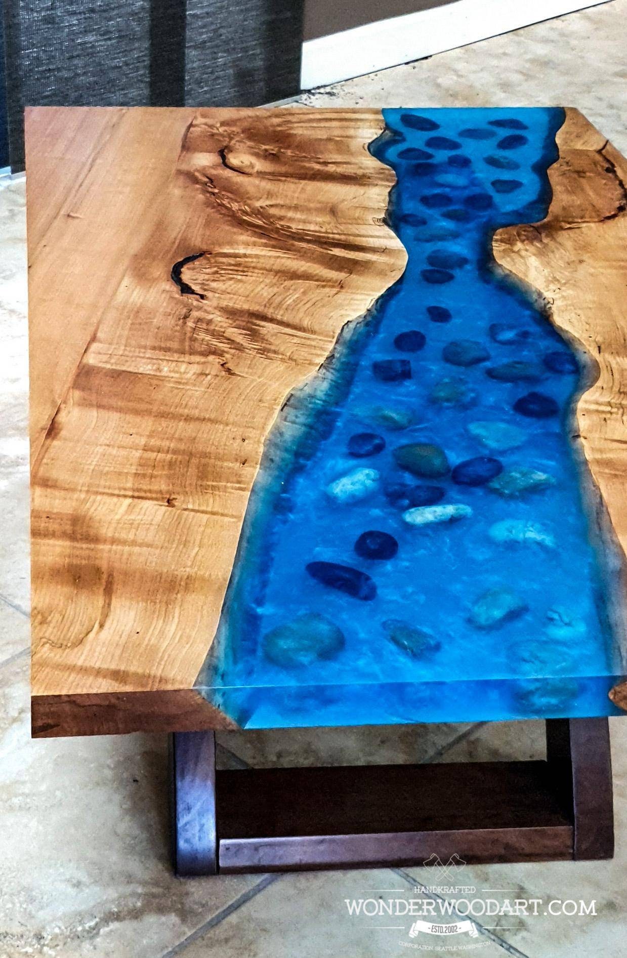 Live Edge Big Leaf Maple river table with blue resin 57x35