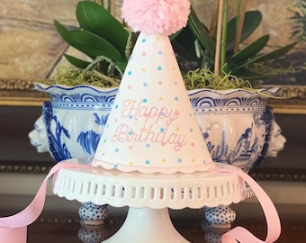 Pastel Polka Dot Happy Birthday Party Hat – Embroidered Keepsake (Pink or Blue)