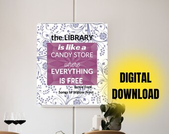 Downloadable, printable, library-related wall decor gift for readers, librarians, book-lovers & bookworms to print and frame