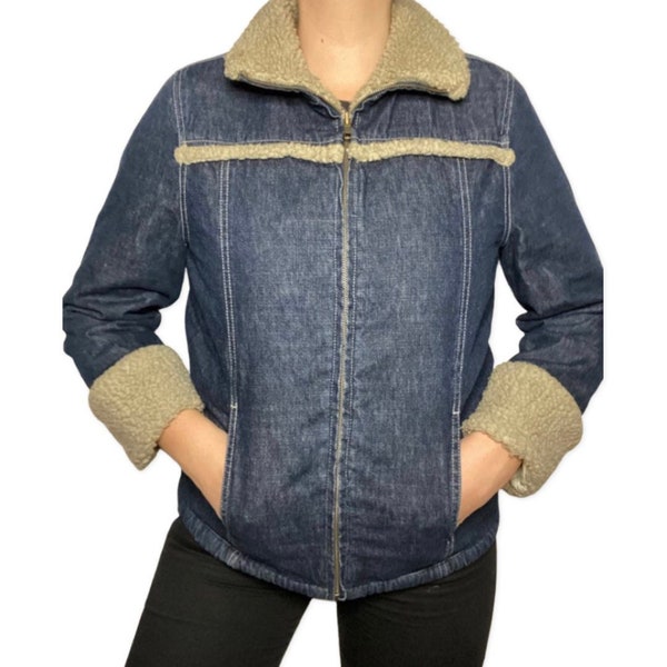 Denim Jacket, Fur Trim, Y2K Jackets and Coats, 2000's Denim jacket, Sherpa lined, Point Zero, Size Small, Faux Fur Lined Denim Jacket,