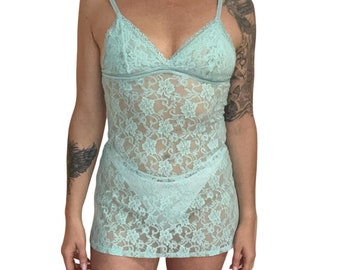 Vintage Y2K Dessous Slip Dress - Lace Dress- Size Small Medium - Turquoise - Elegant und Zeitlos