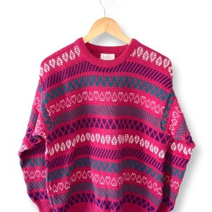 Pink Knit Sweater, 80s ski wear, pullover, heart print, size medium large, sweater, crewneck sweater, funky print, retro print, 80s ski