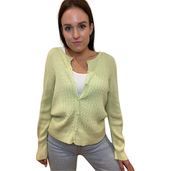 Green Cardigan, Vintage Pastel Green Cable Knit C… - image 3