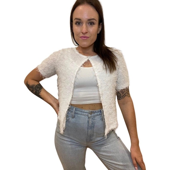 White Fuzzy Top Button up Short Sleeve Cardigan Women s Top Button Shirt Vintage 90s Club Kid Fluffy Top Crop Cardigan Medium Etsy UK
