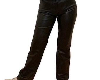 Leather Pants, Y2K, Low Rise Wide Leg Genuine Leather Size Medium, Trousers, Straight Leg Pants, Grunge, Laurence Roy size 12