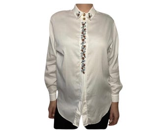 Vintage embroidered blouse, white button down, size Medium, long sleeve button up top, made in Turkey, cuffed dress shirt