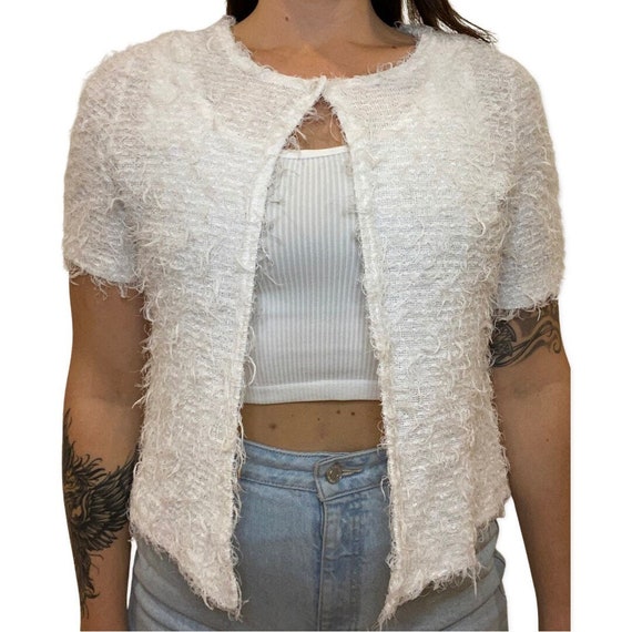 White Fuzzy Top, Button Up Short Sleeve Cardigan,… - image 7