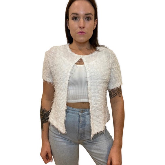 White Fuzzy Top, Button Up Short Sleeve Cardigan,… - image 6