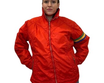 Giacca da sci anni '80, arcobaleno, giacche e cappotti, parka invernale, giacca da sci retrò, rosso brillante, cappotto anni '80, cappotto invernale vintage